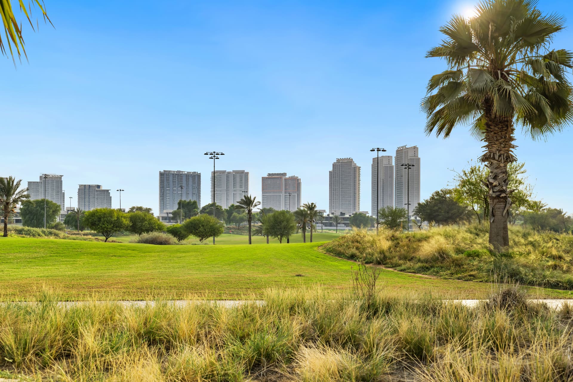 The fairway beyond the private garden at The Golf House, Silver Springs 3, DAMAC Hills