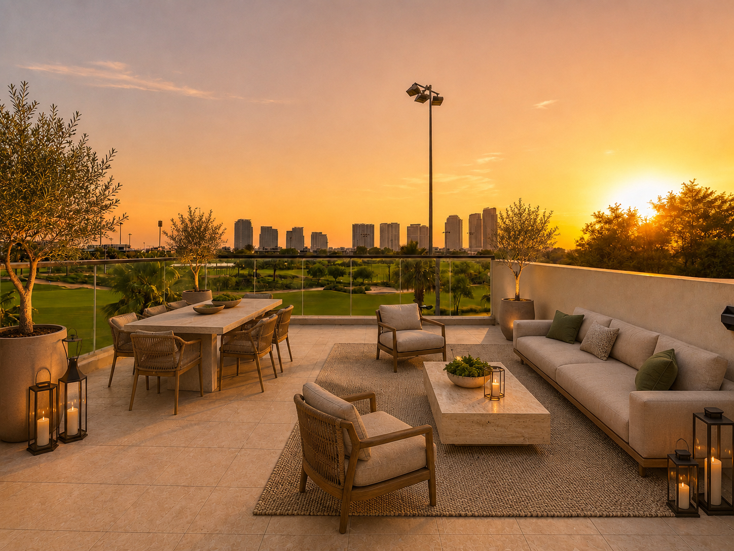 Concept rendering of the roof terrace styled with lounge seating at sunset