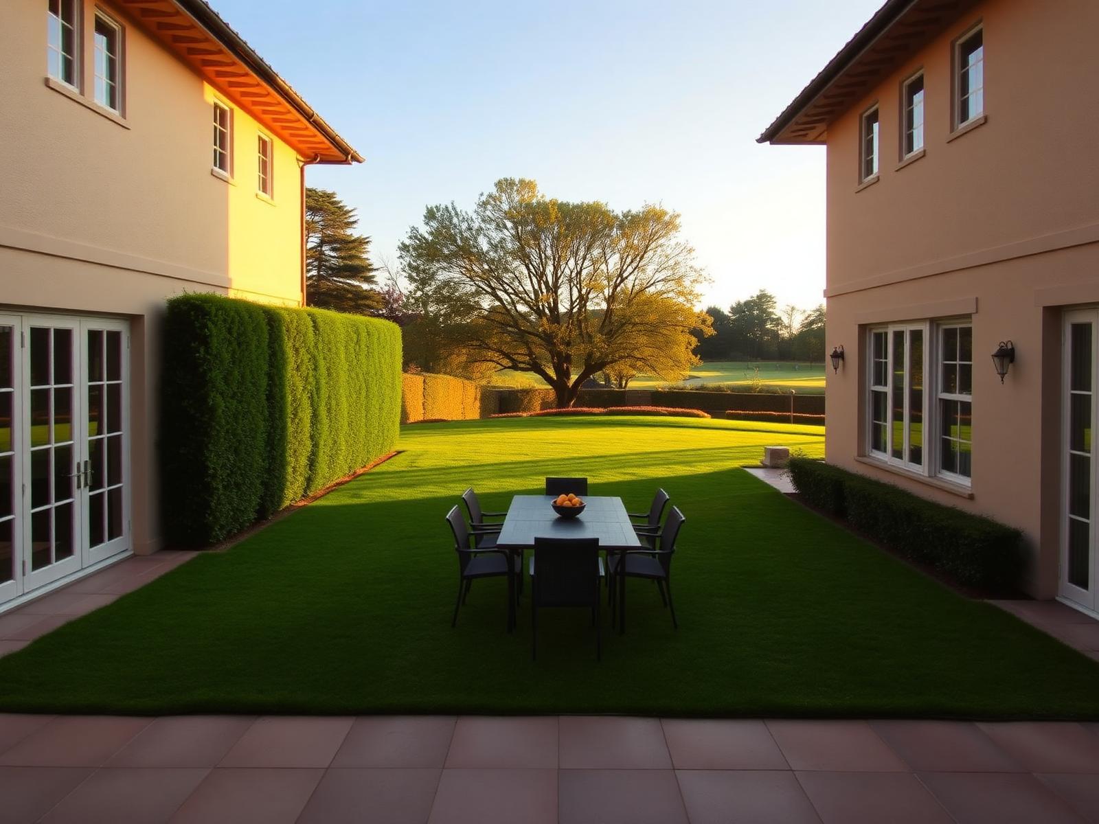 Large private garden with dining terrace opening toward the golf course